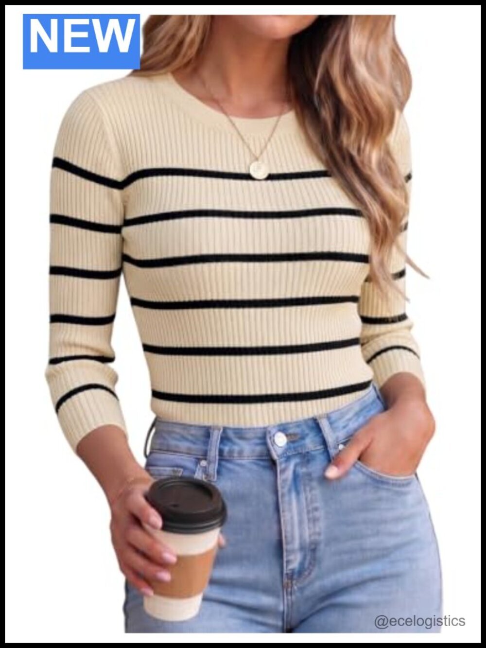 3/4 Sleeve Crewneck Fitted Lightweight Knit Pullover Sweater